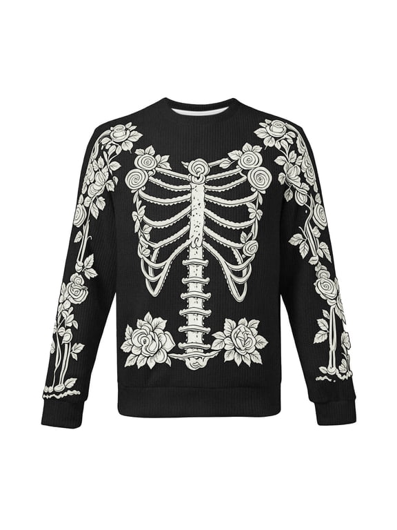 Venzia Floral Skeleton Long Sleeve Sweater, Crew Neck Raglan Pullover for Men and Women
