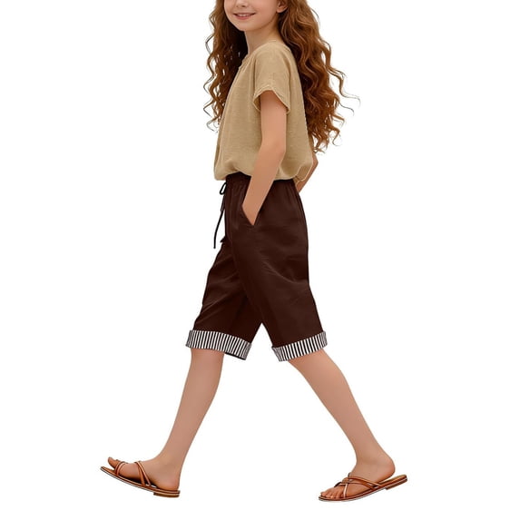 Venzia Girls Casual Bermuda Shorts Elastic Waist Drawstring Summer Knee Length Shorts with Pockets Loose Fit Brown 140