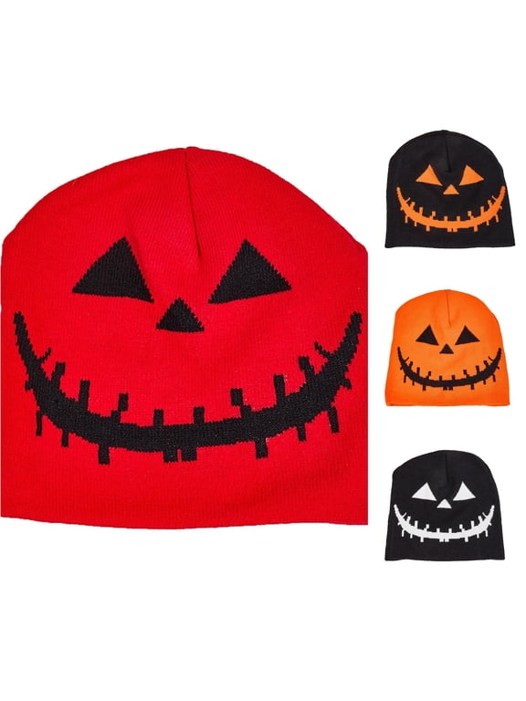 Venzia Halloween Pumpkin Face Knit Beanie, Black Orange Jack-o'-lantern Winter Hat