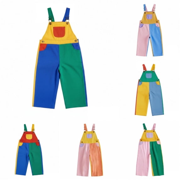 Venzia Kids Color Block Overalls, Toddler Adjustable Strap Patchwork Wide Leg Bib Pants Casual Jumpsuit