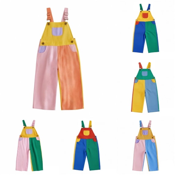 Venzia Kids Color Block Overalls, Toddler Adjustable Strap Patchwork Wide Leg Bib Pants Casual Jumpsuit