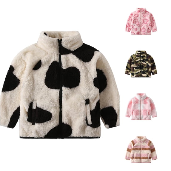 Venzia Kids Cow Print Jacket, Stand Collar Full Zip Long Sleeve Warm Outerwear Coat