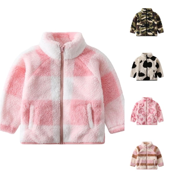 Venzia Kids Cow Print Fleece Jacket, Stand Collar Full Zip Long Sleeve Warm Outerwear Coat