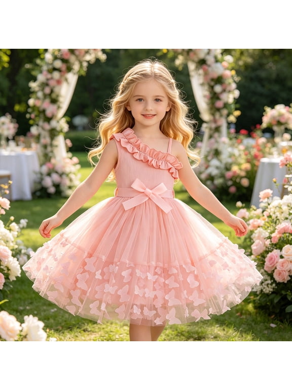 Venzia Kids Girls Party Dress Sleeveless Solid Color Off Shoulder Ruffles Spaghetti Strap Ribbed Patchwork Mesh Pleated 3D Butterflies High Waist Dresses Flowy Birthday Wedding Gowns,Green,4-5 Years