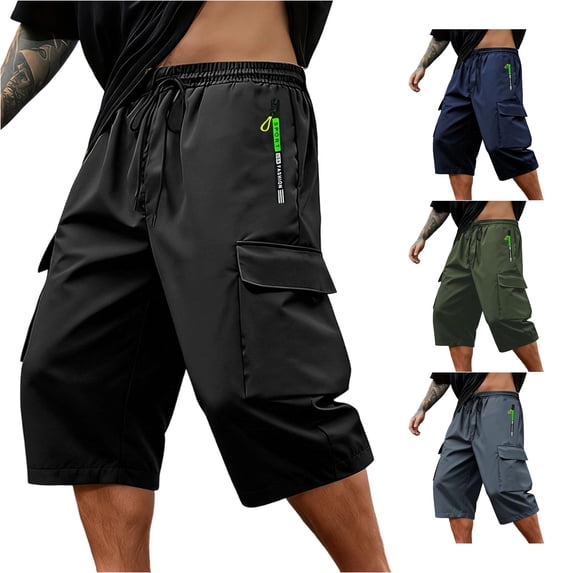 Venzia Men Drawstring Elastic Waist Cargo Capri Shorts Zipper Pocket Sport Shorts