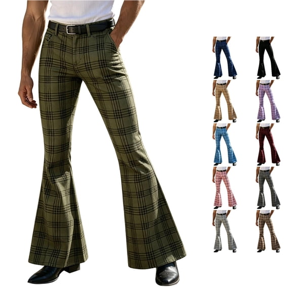 Venzia Men Green Plaid Flared Trousers, Vintage High Waist Bell Bottom Pants, Retro Business Casual Dress Pants