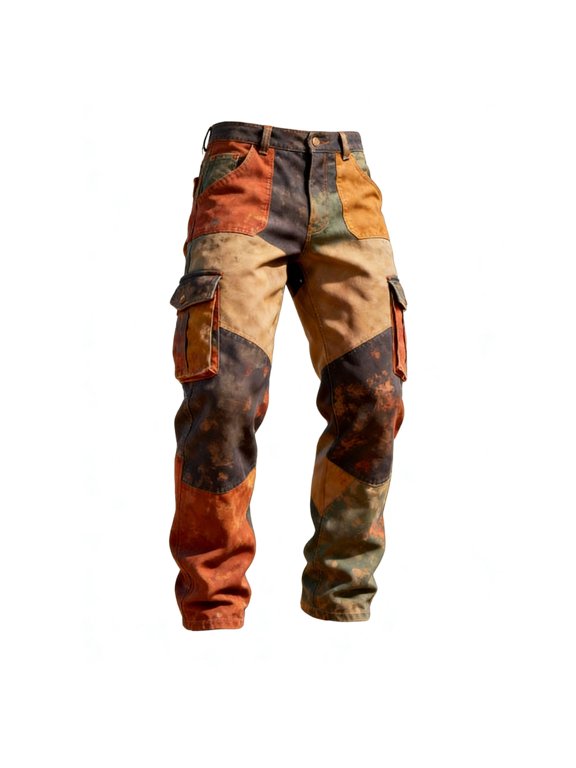 Venzia Men Patchwork Cargo Pants, Vintage Tie Dye Multi-Pocket Straight Leg Work Trousers
