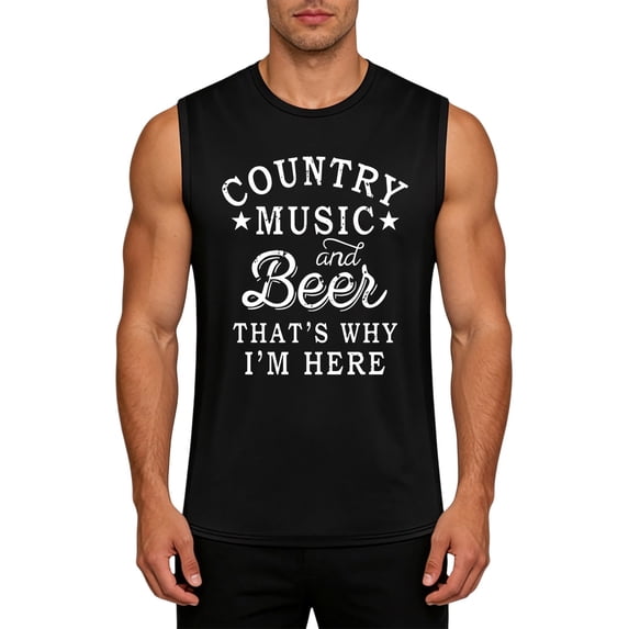 Venzia Men's Country Music And Beer That's Why I'm Here Sleeveless Tank Top Graphic Muscle Shirt