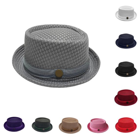 Venzia Mesh Pork Pie Fedora Hat Breathable Fabric Band Metal Button Short Brim Outdoor Travel Beach Casual Summer Sun Protection Classic Retro Headwear Cap,One Size