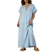 Venzia Plus Size Womens Floral Lace Trim Maxi Dress Long Sleeve Casual Boho Flowy Summer Vacation Gown
