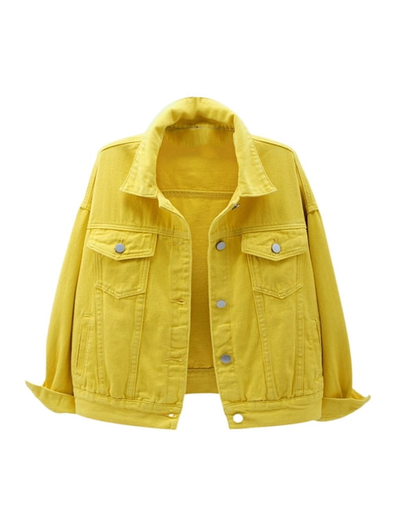 Venzia Women Classic Denim Jacket, Lapel Button Down Casual Loose Jean Coat with Pockets