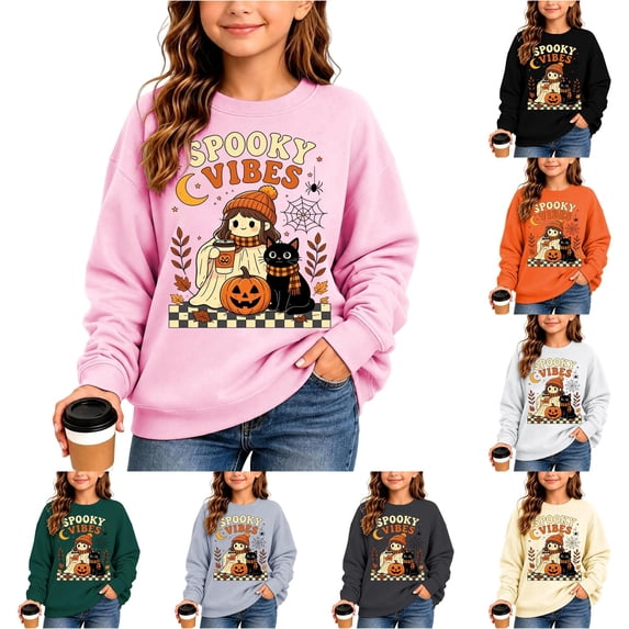 Venzia Women Cute Fall Sweatshirt, Retro Pumpkin Black Cat Cartoon Graphic Crewneck Casual Autumn Pullover Top