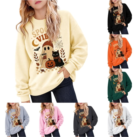 Venzia Women Cute Fall Sweatshirt, Retro Pumpkin Black Cat Cartoon Graphic Crewneck Casual Autumn Pullover Top