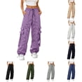 thumbnail image 1 of Venzia Women Drawstring Cargo Jogger Pants Loose Wide Leg Streetwear Trousers, 1 of 6