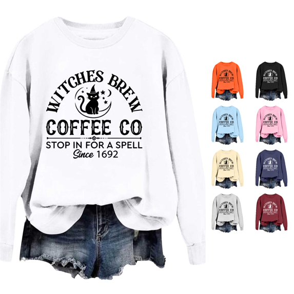 Venzia Women Halloween Crewneck Sweatshirt, Black Long Sleeve Pullover Top, Casual Fall Graphic Sweatshirt