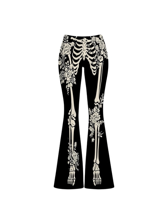 Venzia Women Halloween Flare Pants, Skeleton Rose Gothic Print High Waist Bell‑Bottom Trousers