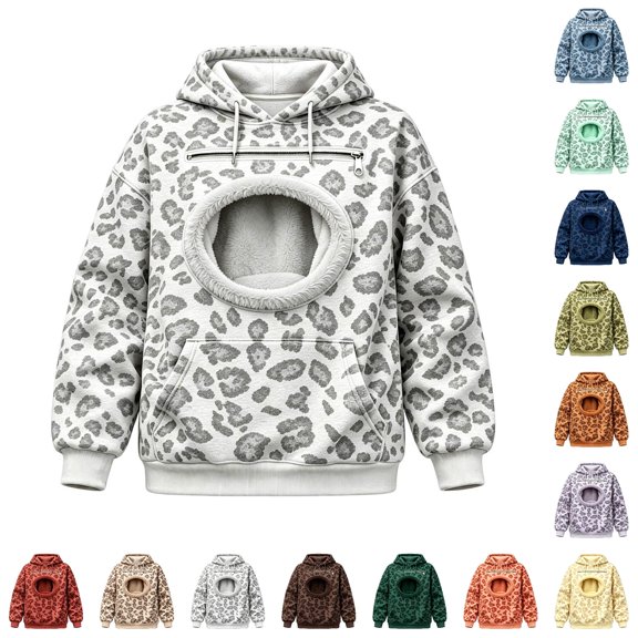  Venzia Women Leopard Pet Pouch Hoodie, Oversized Kangaroo Pocket Cat Dog Carrier Sweatshirt