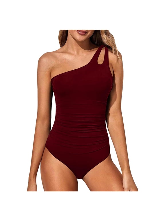 Venzia Women One Shoulder One Piece Swimsuit, Cutout Ruched Tummy Control Bathing Suit with Side Drawstrin