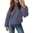 thumbnail image 1 of Venzia Women Striped Full‑Zip Cropped Sweater, Stand Collar Ribbed Knit Zip‑Up Cardigan Jacket, 1 of 8