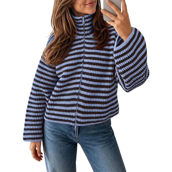 Venzia Women Striped Full‑Zip Cropped Sweater, Stand Collar Ribbed Knit Zip‑Up Cardigan Jacket