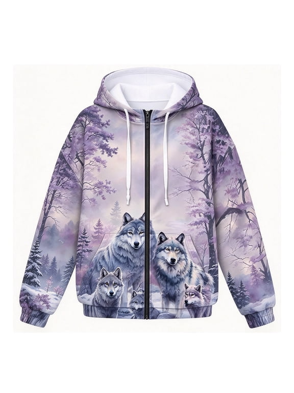 Venzia Women Wolf Print Zip Up Hoodie Winter Forest Graphic Pullover Casual Fleece Sweatshirt Jacket