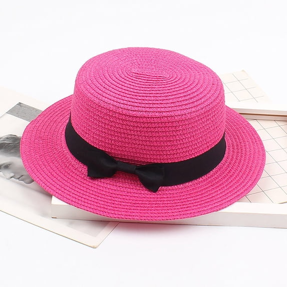 Venzia Women Woven Straw Bowler Hat Rolled Brim Solid Color Sun Hat Uv Protection Summer Bucket Hat Hot Pink 头围57cm