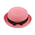 thumbnail image 1 of Venzia Women Woven Straw Bowler Hat Rolled Brim Solid Color Sun Hat Uv Protection Summer Bucket Hat Hot Pink 头围57cm, 1 of 3