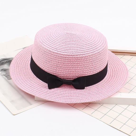 Venzia Women Woven Straw Bowler Hat Rolled Brim Solid Color Sun Hat Uv Protection Summer Bucket Hat Hot Pink 头围57cm