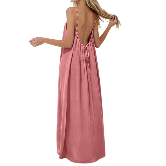 Venzia Women's Backless Cami Dresses Cami Lounge Dress Backless Solid Color Sleeveless House Dress Long Sundress with Back Tie,Pink,S