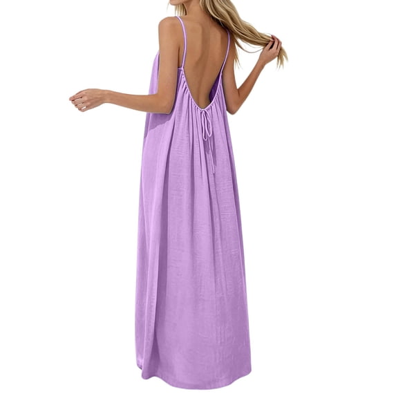 Venzia Women's Backless Cami Dresses Cami Lounge Dress Backless Solid Color Sleeveless House Dress Long Sundress with Back Tie,Purple,XXXXL
