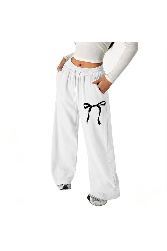 Venzia Women's Bow Print Wide Leg Sweatpants, Casual Drawstring Elastic Waist Lounge Pants with Pockets White XXL