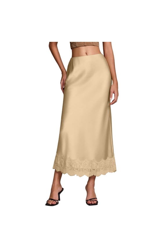 Venzia Women's Lace Trim Satin Midi Skirt Elastic Waist Asymmetrical Flowy Silk A-Line Skirt