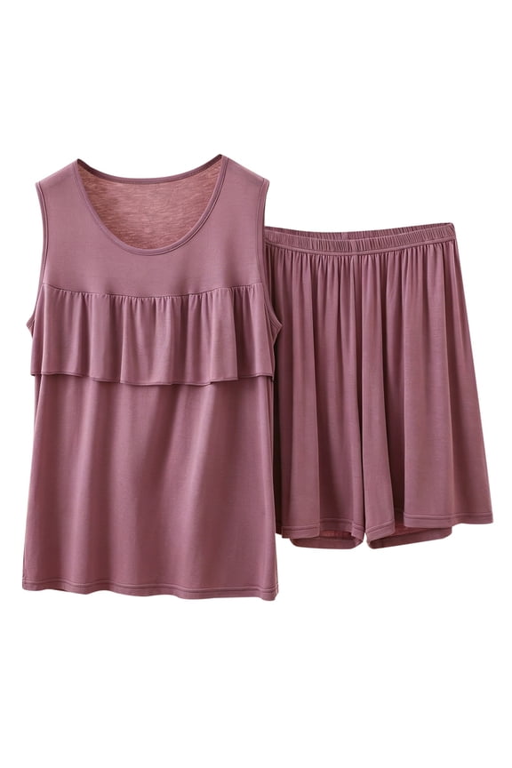 Venzia Women’s Modal Round Neck Sleeveless Crop Top and Shorts Set – Soft Stretchy Loungewear for Summer Home Relaxation Purple L