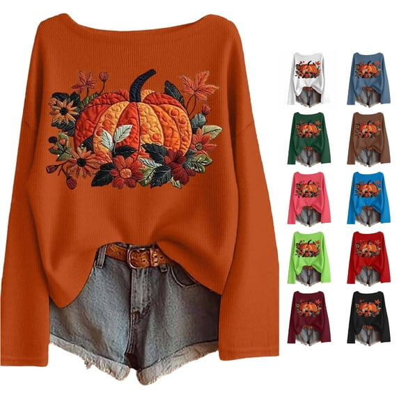 Venzia Women's Pumpkin Maple Leaf Print Long Sleeve Top Fall Casual Loose Blouse Shirt