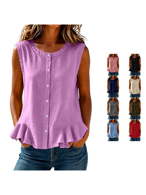 Venzia Women's Round Neck Sleeveless Blouse Full Button Front Ruffle Hem Loose Flow Lightweight Textured Casual Everyday Summer Vest Top,L