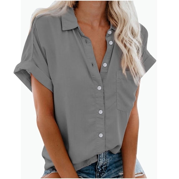 Venzia Women's Short Sleeve Button Down Shirt Casual Blouse with Pocket Rolled V-Neck,L