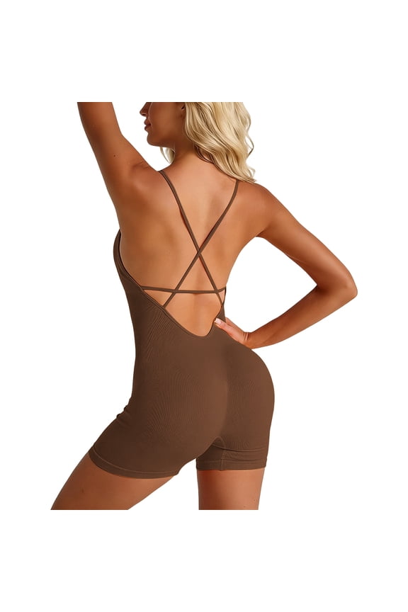 Venzia Women's Yoga Shorts Bodysuit with Built-in Bra Strappy Back Fitness Romper