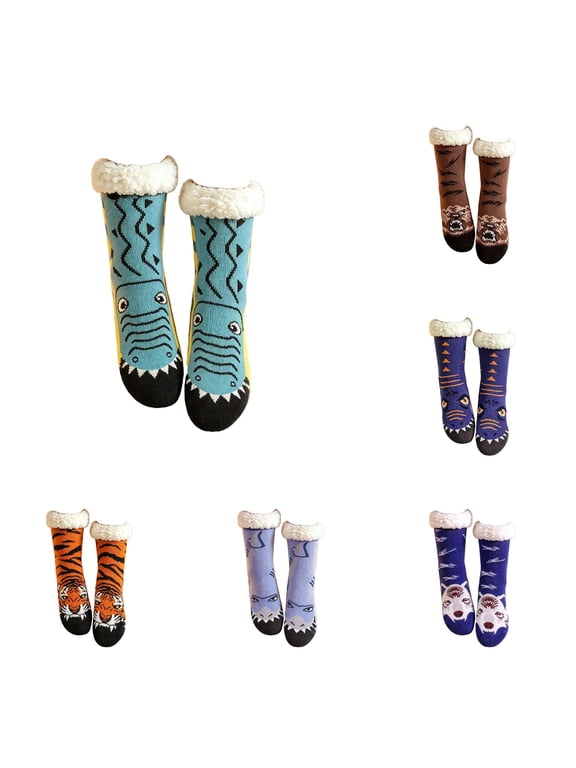 Venzia Zebra Pattern Fleece Lined Warm Slipper Socks, Thick Sherpa Lined Non-slip Home Socks