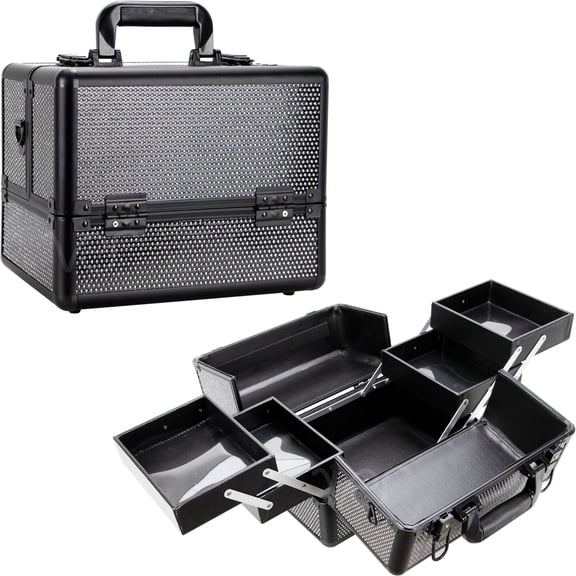 Ver Beauty Professional 4-Tier Aluminum Makeup Train Case, Portable Lockable Organizer, Black Crystal