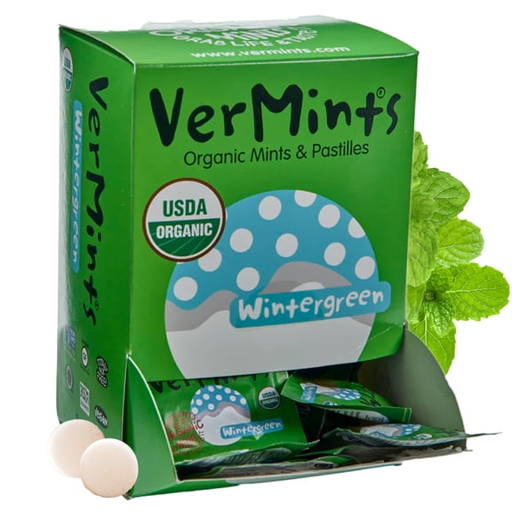 VerMints Organic Breath Mints Wintergreen - Real Ingredients, Lasting Refresh - Travel Size Candies - Non-GMO, Vegan, Nut Free, Gluten Free & Kosher Organic Flavored Candy Mints - 100 Packets