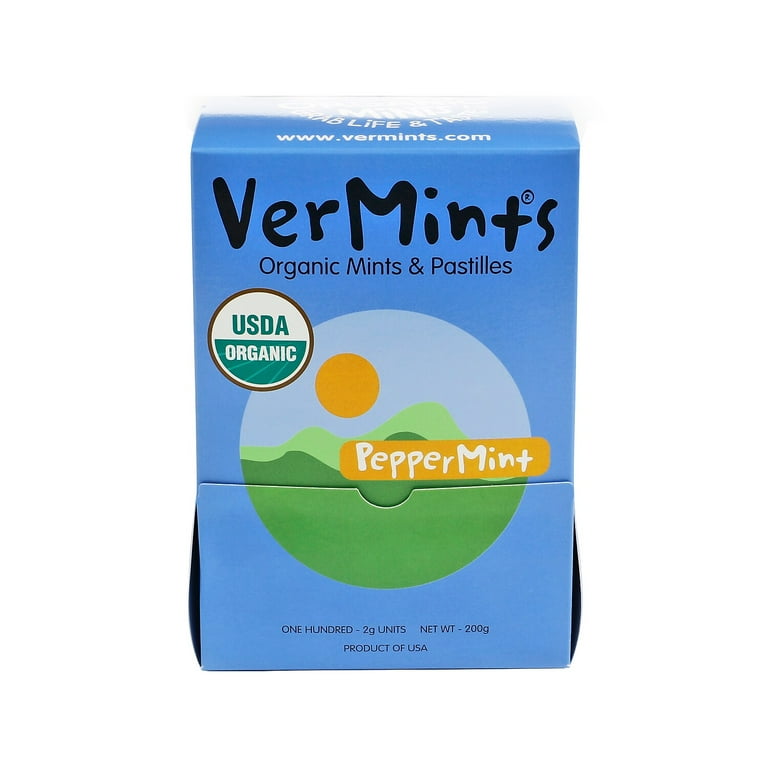 VerMints Organic Mints/Pastilles, Peppermint, 2 Mints/0.7 oz Individually Wrapped, 100/Box VerMints Organic Mints/Pastilles, Peppermint, 2 Mints/0.7 oz Individually Wrapped, 100/Box