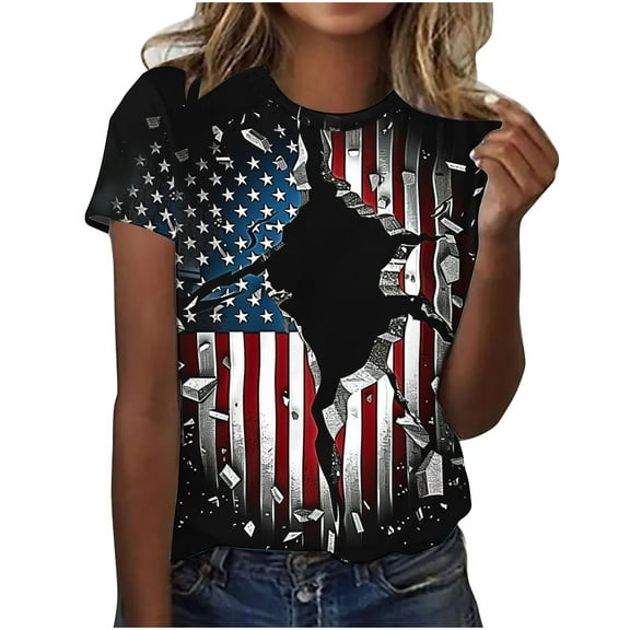 VerPetridure 4th of July Shirts for Women Funny Short Sleeve Crew Neck Blouse Patriotic American Flag T Shirt