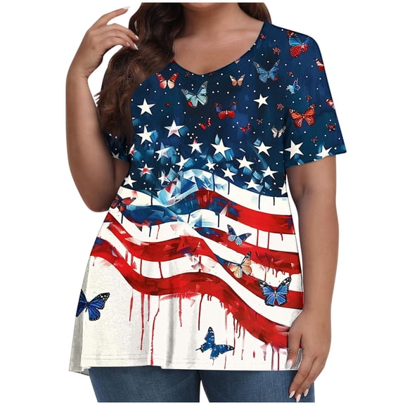 VerPetridure 4th of July Shirts for Women Funny Short Sleeve Crew Neck Blouse Patriotic American Flag T Shirt