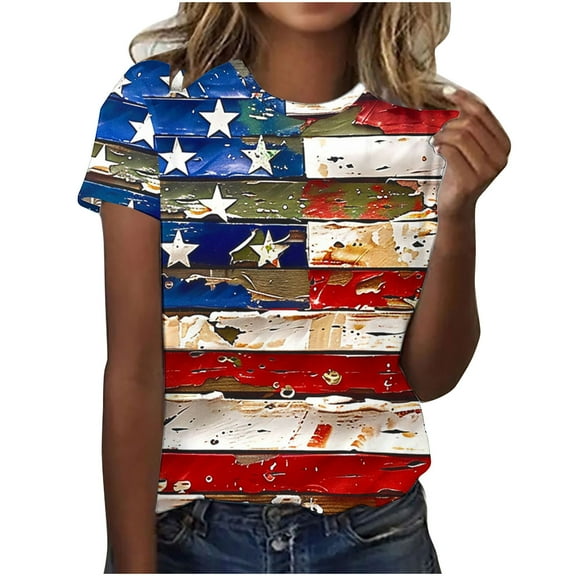 VerPetridure 4th of July Shirts for Women Funny Short Sleeve Crew Neck Blouse Patriotic American Flag T Shirt