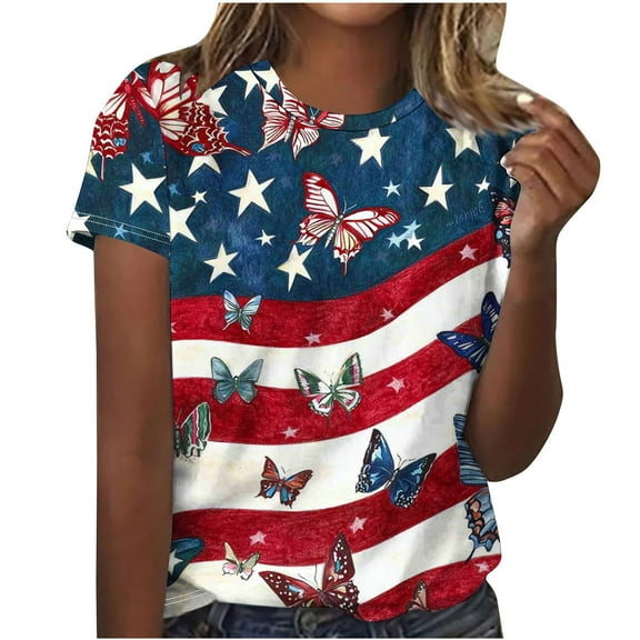 VerPetridure 4th of July Shirts for Women Funny Short Sleeve Crew Neck Blouse Patriotic American Flag T Shirt