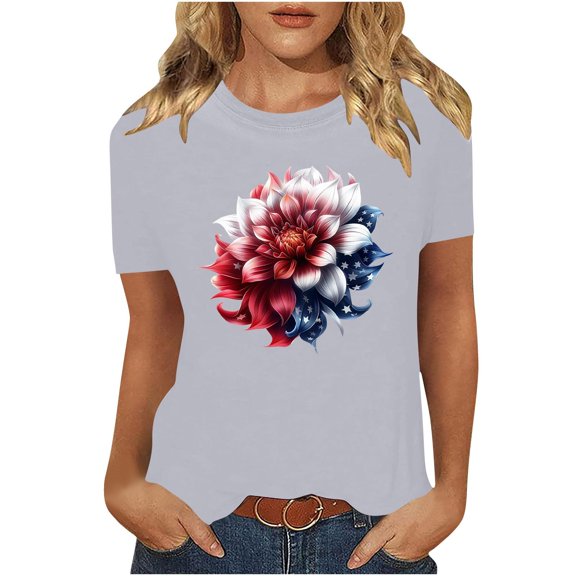VerPetridure 4th of July Shirts for Women Funny Short Sleeve Crew Neck Blouse Patriotic American Flag T Shirt