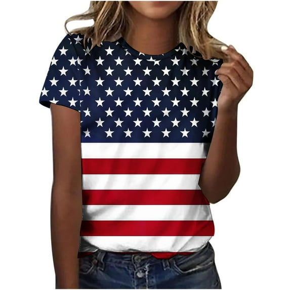 VerPetridure 4th of July Shirts for Women Funny Short Sleeve Crew Neck Blouse Patriotic American Flag T Shirt