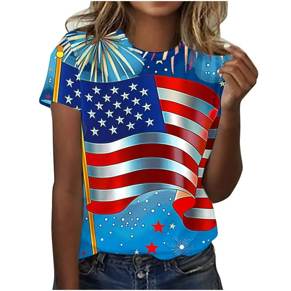 VerPetridure 4th of July Shirts for Women Funny Short Sleeve Crew Neck Blouse Patriotic American Flag T Shirt