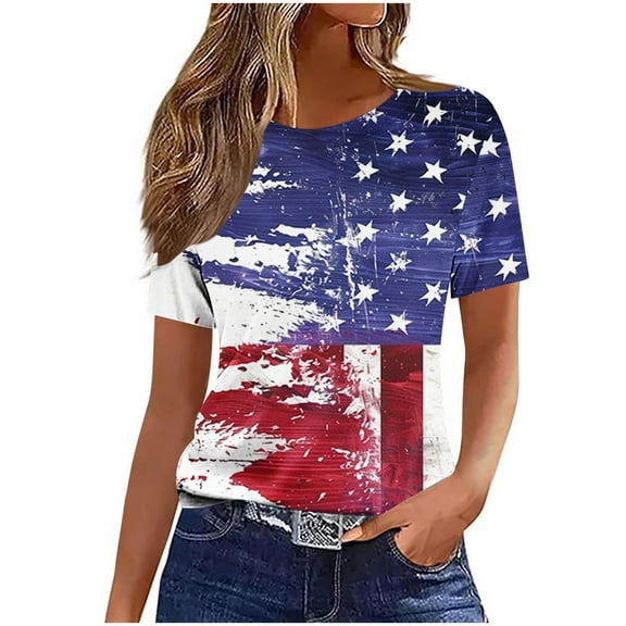 VerPetridure 4th of July Shirts for Women Funny Short Sleeve Crew Neck Blouse Patriotic American Flag T Shirt