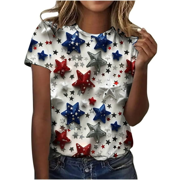 VerPetridure 4th of July Shirts for Women Funny Short Sleeve Crew Neck Blouse Patriotic American Flag T Shirt